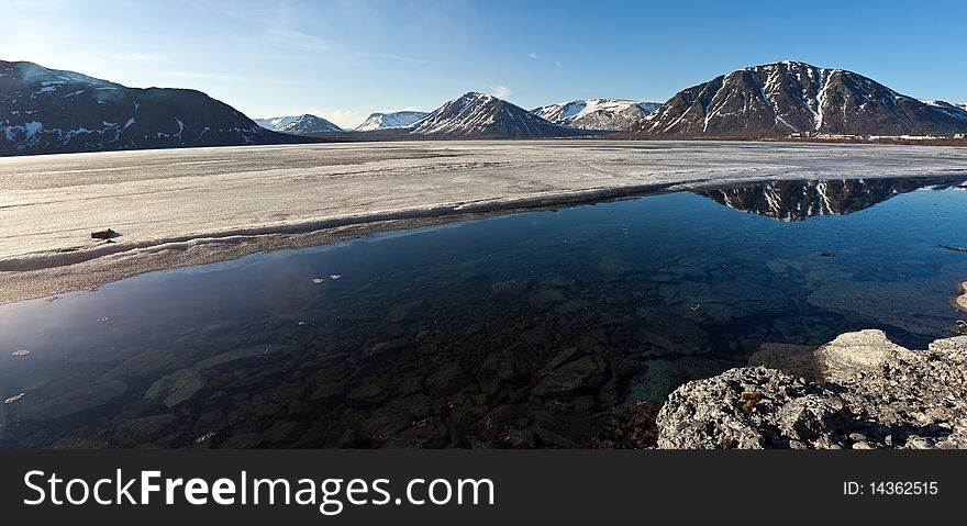 Cylindrical panorama of spring mountain lake. Cylindrical panorama of spring mountain lake