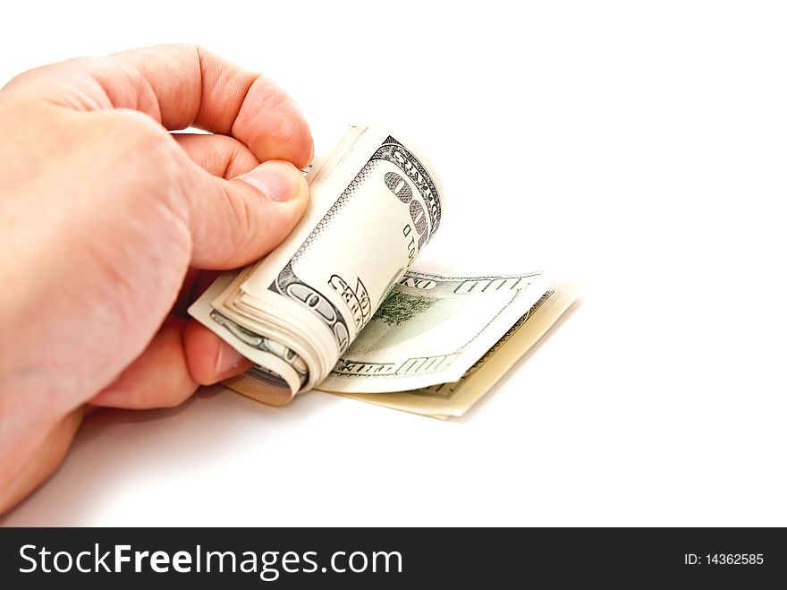 Man counting dollars. Isolated on white background. Man counting dollars. Isolated on white background