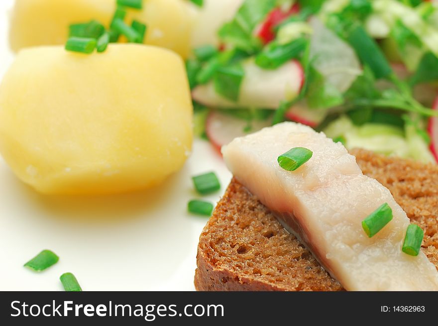 Close-up of herring and onion on bread