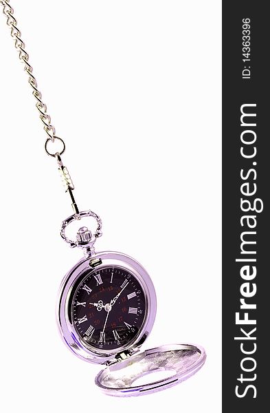 Open Silver Pocket Watch With Chain on White Background