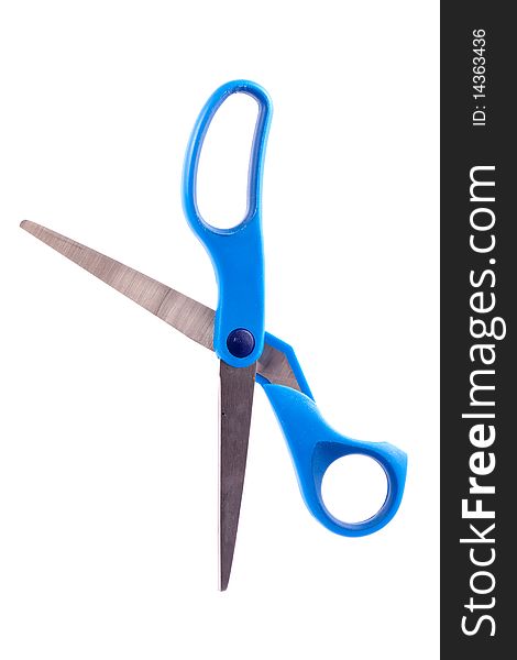 Open Scissors With Blue Handle On White Background