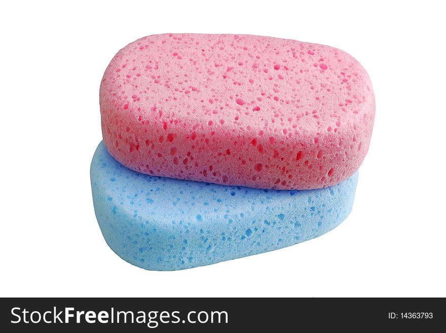 Cut out of two bath sponges, pink and blue
