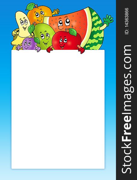 Cartoon fruits holding blank board