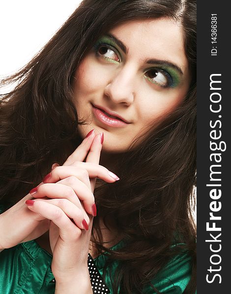 Portrait of woman with beautiful make-up and long curly hair