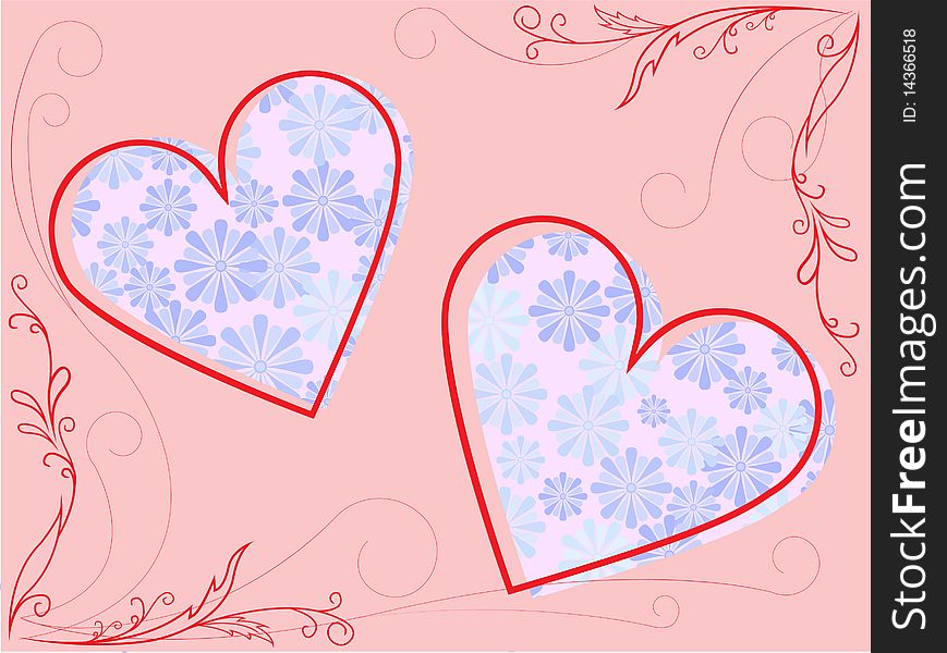 Two hearts in a pink floral ornament frame. Two hearts in a pink floral ornament frame