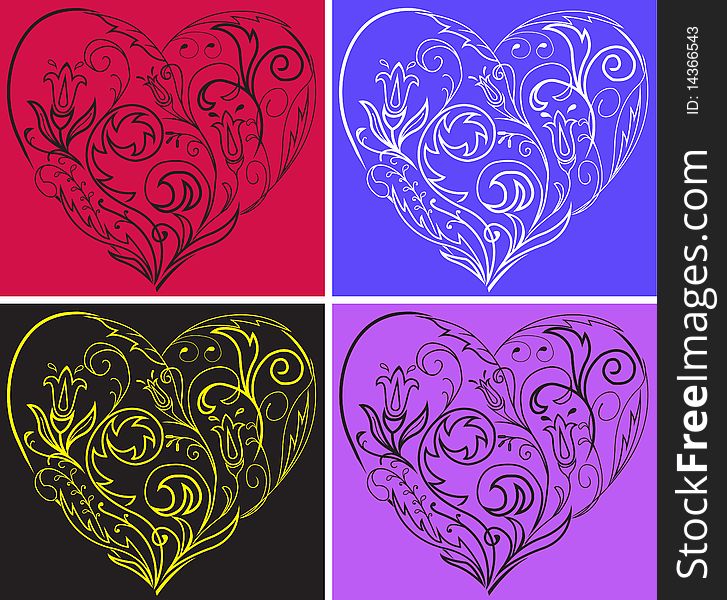 A set of multi-colored filigree hearts on colorful backgrounds. A set of multi-colored filigree hearts on colorful backgrounds