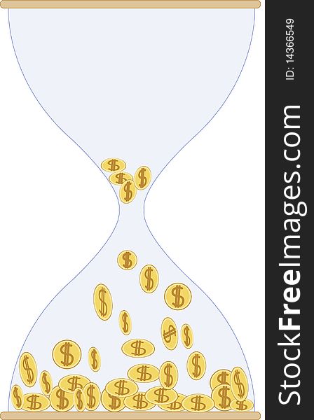 Glass hourglass filled with gold coins. Glass hourglass filled with gold coins