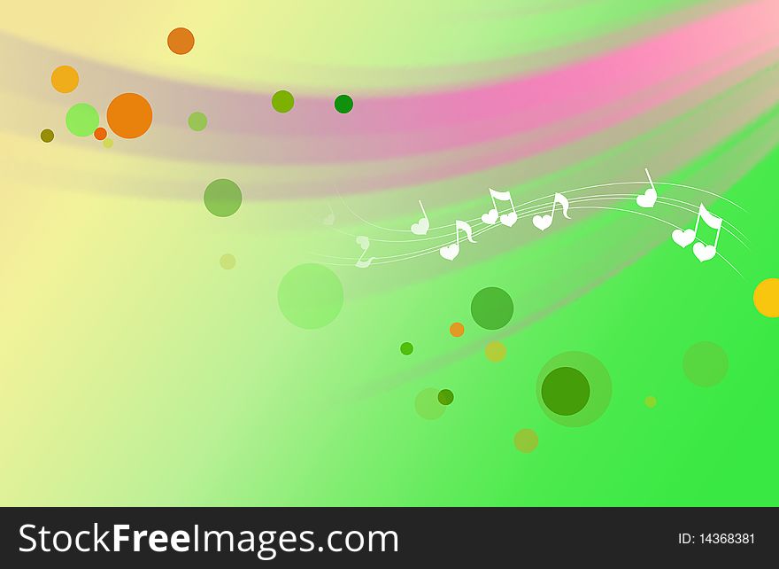 A background with music notes of large sweeping artistic wave green background.