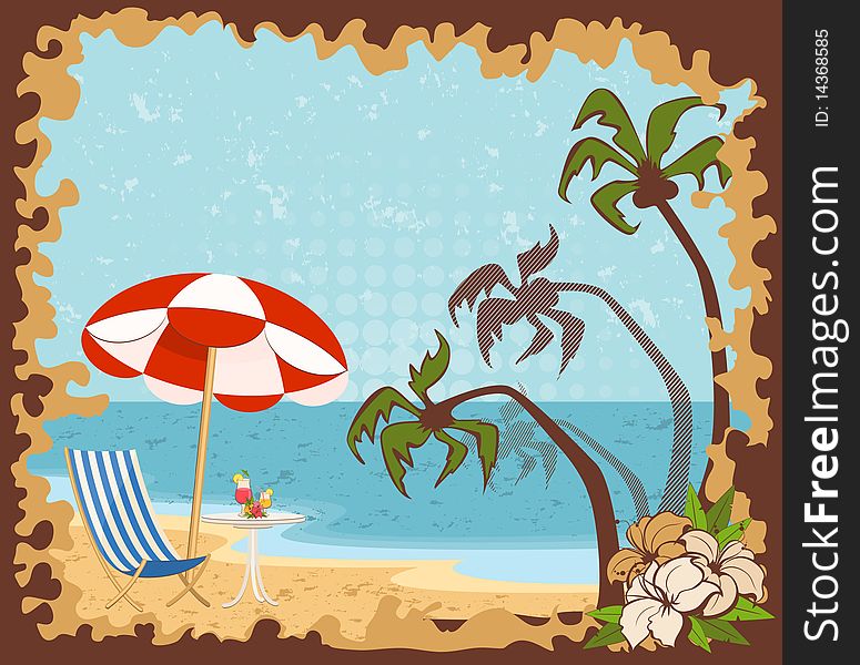 Beautiful summer beach.  illustration in retro style