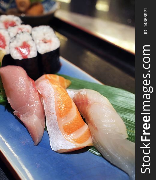 Assorted japanese sushi (raw fish and rice) platter. Assorted japanese sushi (raw fish and rice) platter