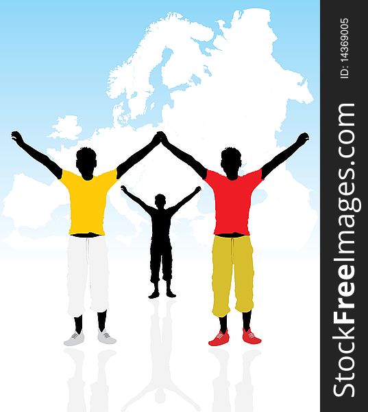 Masculine silhouettes on a background the map of Europe. Illustration