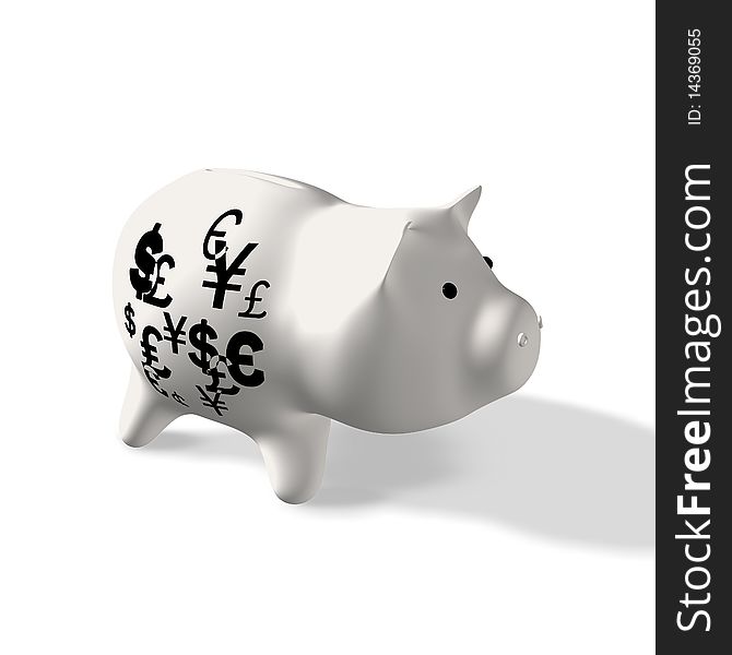 Various currency symbols on a piggy bank. Various currency symbols on a piggy bank