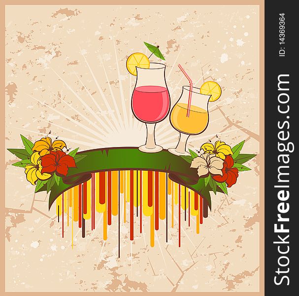 Grunge background with tropical flowers and cocktail. Grunge background with tropical flowers and cocktail