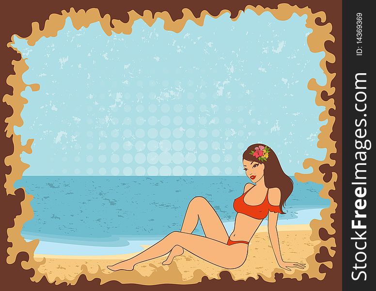 Beautiful girl on a summer beach  illustration in retro style