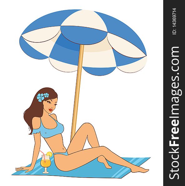 Beautiful girl on a summer beach illustration in retro style