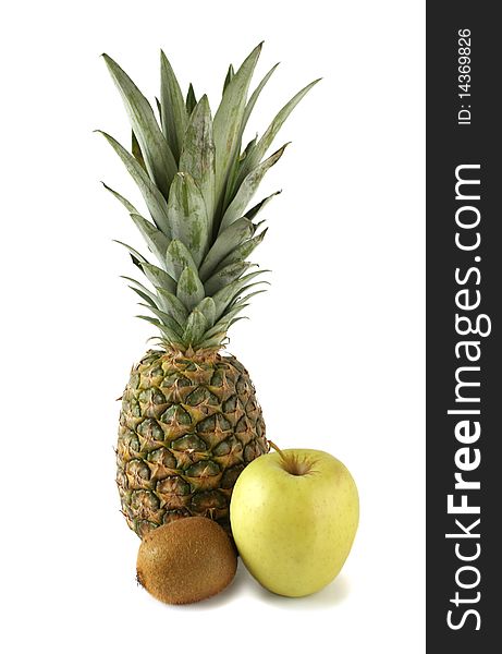 Pineapple apple and kiwi fruit on white background. Pineapple apple and kiwi fruit on white background