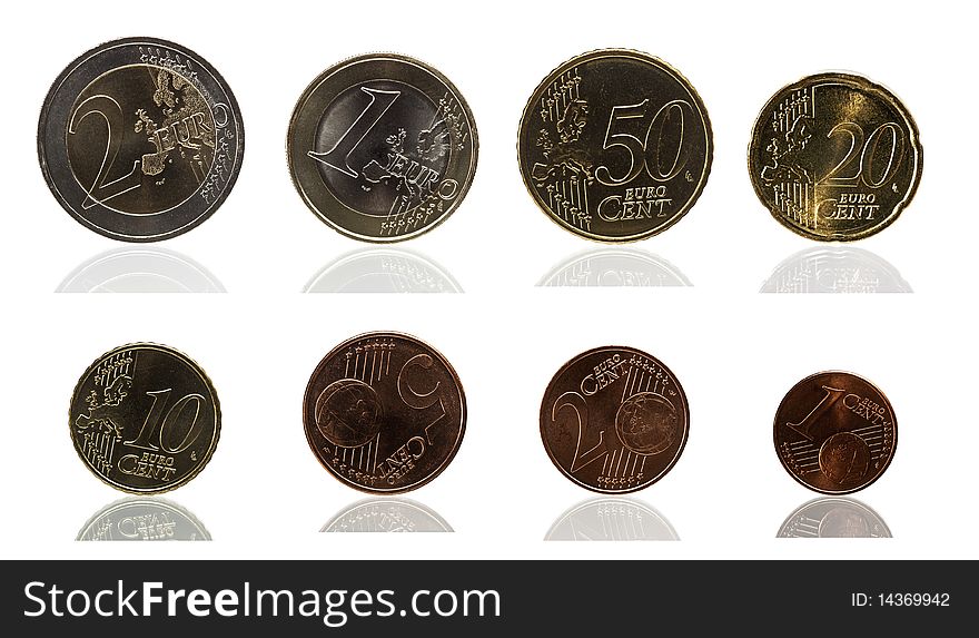 Macro photo of original euro and eurocent coins with some scratches and traces of usage.
Isolated on white background, real partial reflection, no digitally manipulation. Macro photo of original euro and eurocent coins with some scratches and traces of usage.
Isolated on white background, real partial reflection, no digitally manipulation.
