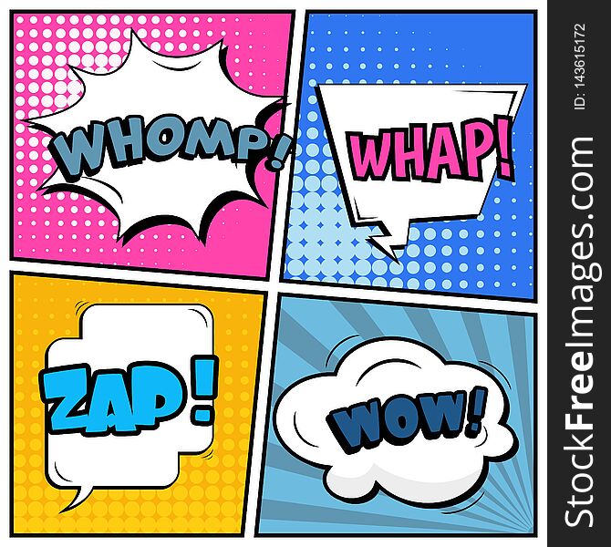 Abstract creative concept comic pop art style blank, layout template with clouds beams and isolated dots background. For sale banner, empty speech bubble set, illustration halftone book design