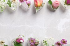 Frame Made Of Heart Shaped Floral Ice Cubes On Color Background, Top View Royalty Free Stock Image
