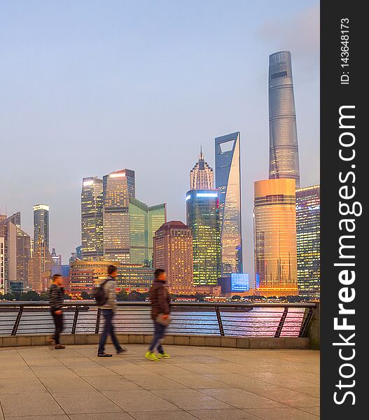 illuminated evening Shanghai cityscape view