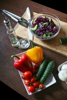 Cabbage Salad And Fresh Vegetables Are On The Table. Vegetarian And Healthy Lifestyle Stock Photos