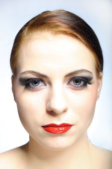 Young Beauty Female Face With Red Shiny Lips Stock Photography Young Beauty Female Face With Red Shiny Lips Stock Photography