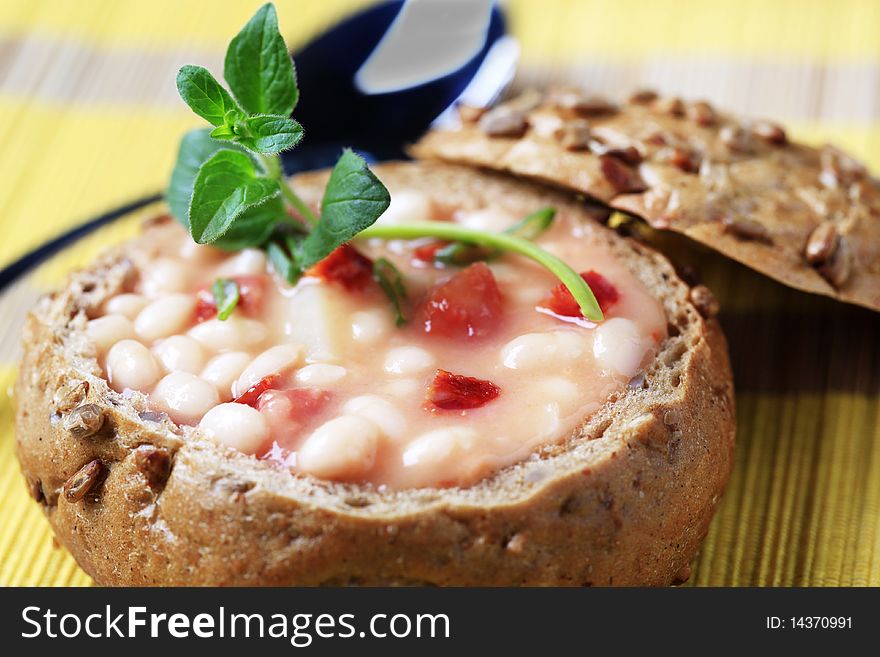 Bean soup in bread bowl