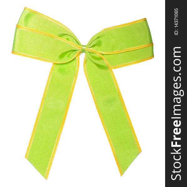 A green satin ribbon tied in a bow over a pure white background