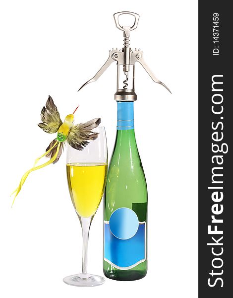Wine bottle, corkscrew and glass on a white background