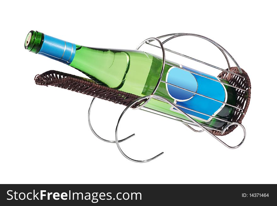 Wine bottle in a special support on a white background