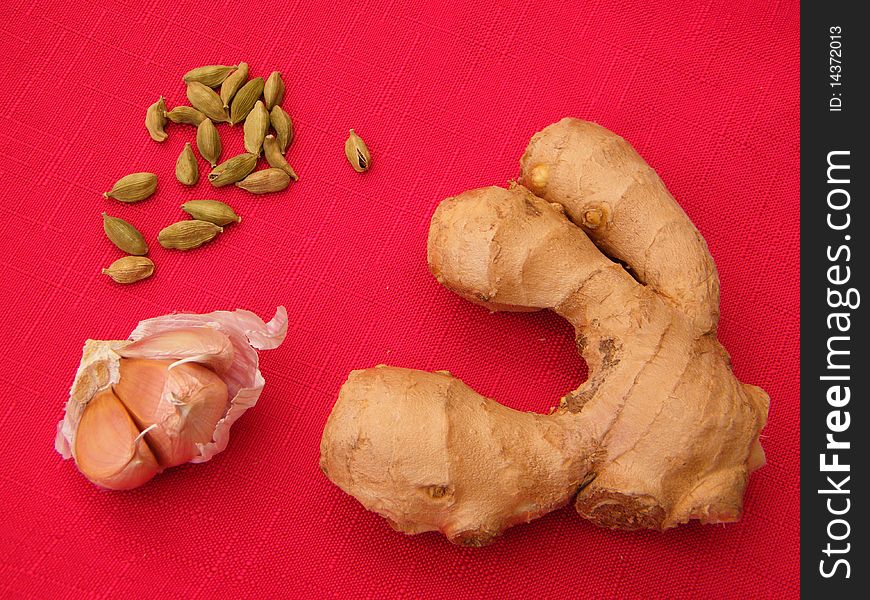 Food on a red tablecloth