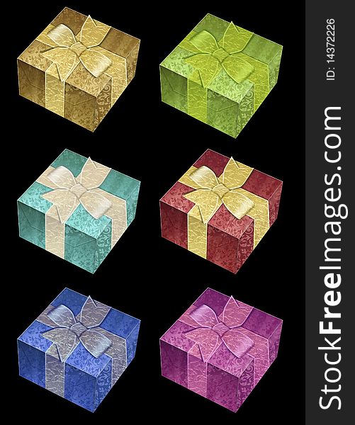 Set of 6 gift boxes in various colours isolated on black background in vector format. Set of 6 gift boxes in various colours isolated on black background in vector format