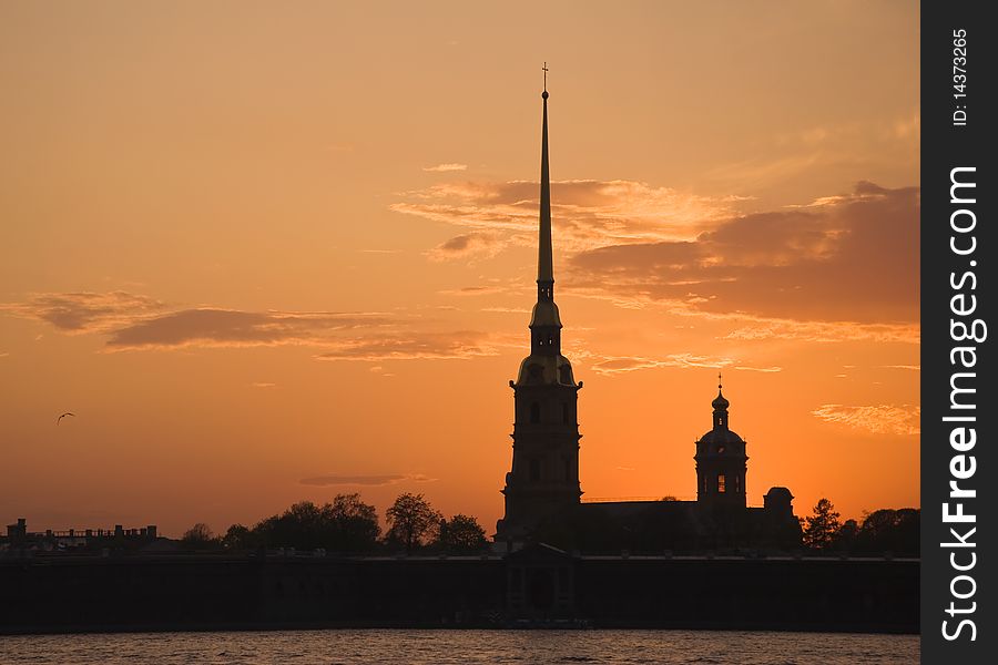 View of the Cathedral of Peter and Paul Fortress at sunset