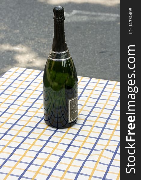 Bottle of champagne on a table