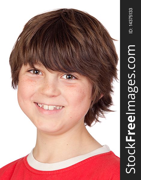 Funny portrait of freckled boy isolated on white background