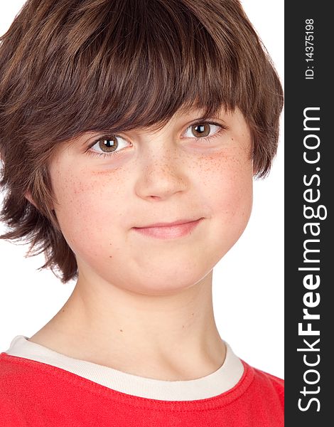 Funny portrait of freckled boy isolated on white background