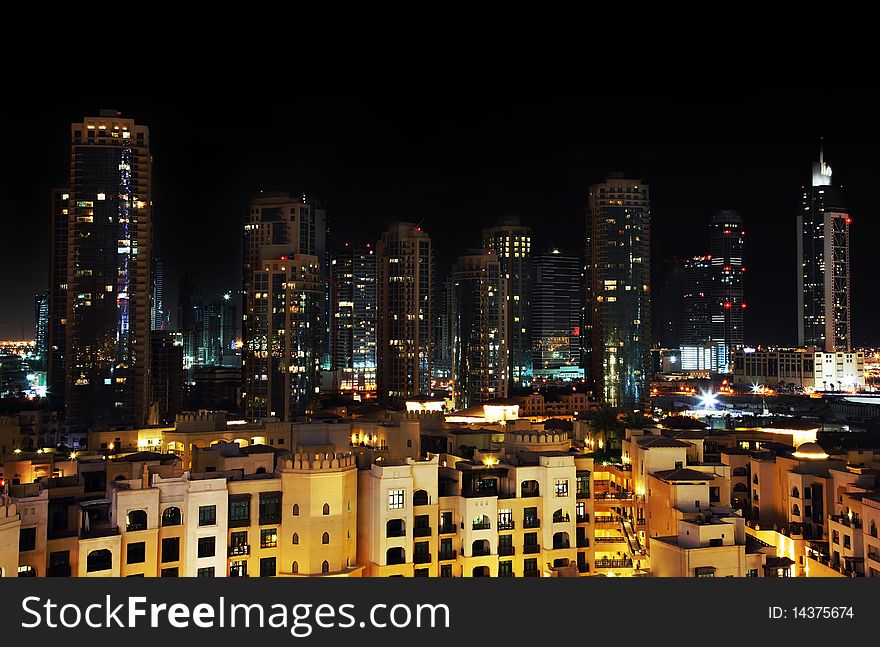 Panoramic shot of Dubai downtown at night. Panoramic shot of Dubai downtown at night