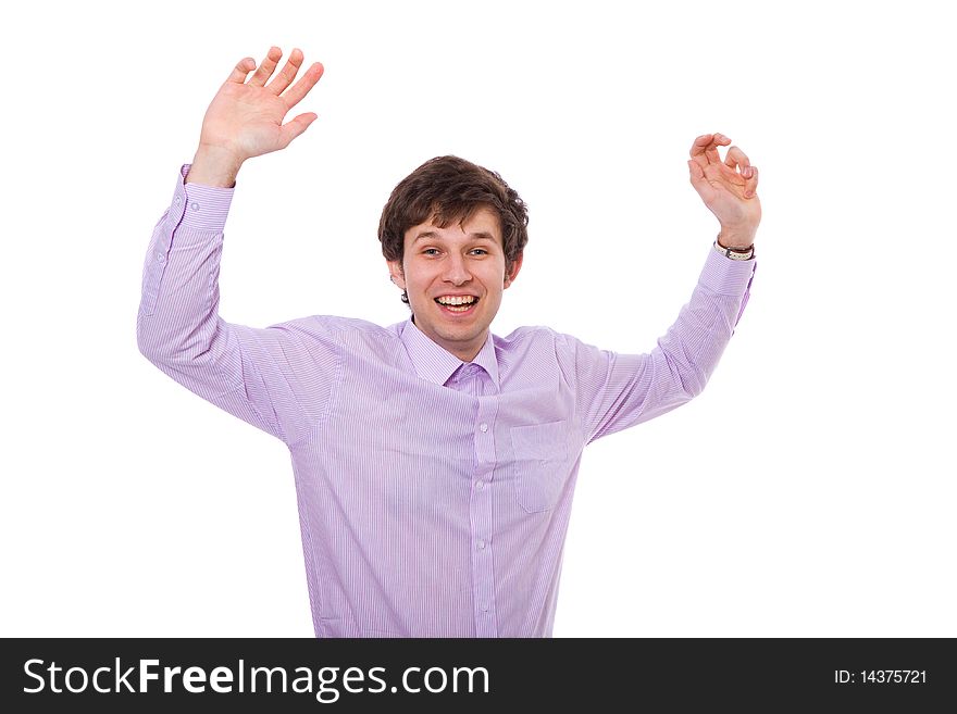 Very happy young adult isolated on white background with his arms raised up in victory pose gesture. Very happy young adult isolated on white background with his arms raised up in victory pose gesture