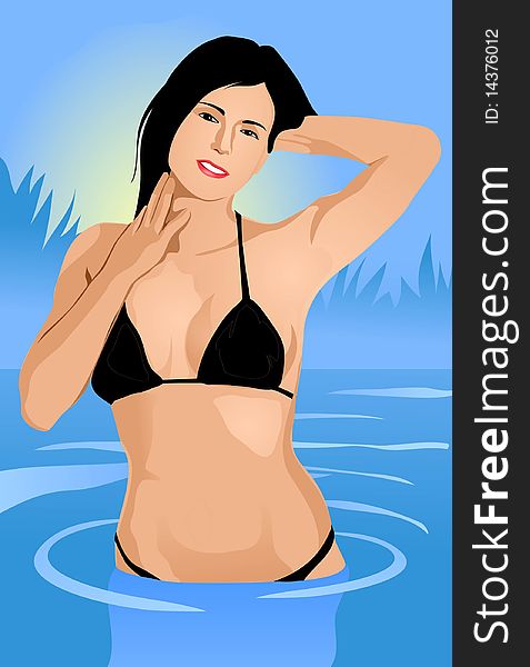 An image of a sexy young woman wearing a black bikini and standing in a pond while trying to hold her hair up with one hand and the other hand is resting against her neck. An image of a sexy young woman wearing a black bikini and standing in a pond while trying to hold her hair up with one hand and the other hand is resting against her neck