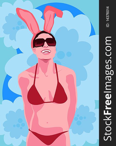 An image of a young woman wearing a red colored bikini, sunglasses and a bandeau that has bunny ears sticking from it. An image of a young woman wearing a red colored bikini, sunglasses and a bandeau that has bunny ears sticking from it