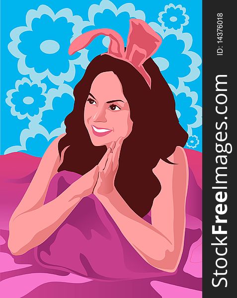 An image of young smiling woman lying on a bed folded while wearing a hair band that has big bunny ears sticking from it. An image of young smiling woman lying on a bed folded while wearing a hair band that has big bunny ears sticking from it