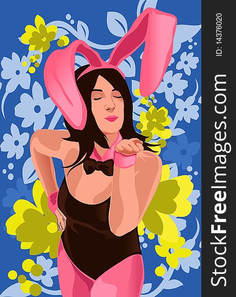 An image of a buxom woman dressed in leotards wearing a bow around the neck and hair band with bunny ears blowing a kiss at someone. An image of a buxom woman dressed in leotards wearing a bow around the neck and hair band with bunny ears blowing a kiss at someone