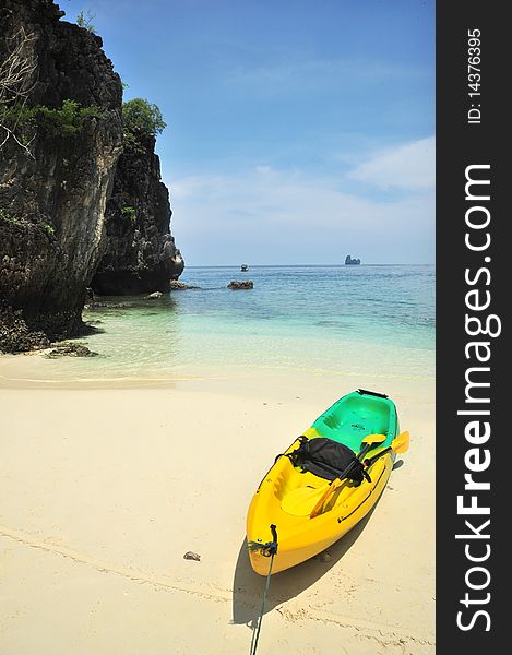 Kayaks on the tropical beach, ,Hong bay,Hong Island.krabi, South of Thailand. Kayaks on the tropical beach, ,Hong bay,Hong Island.krabi, South of Thailand