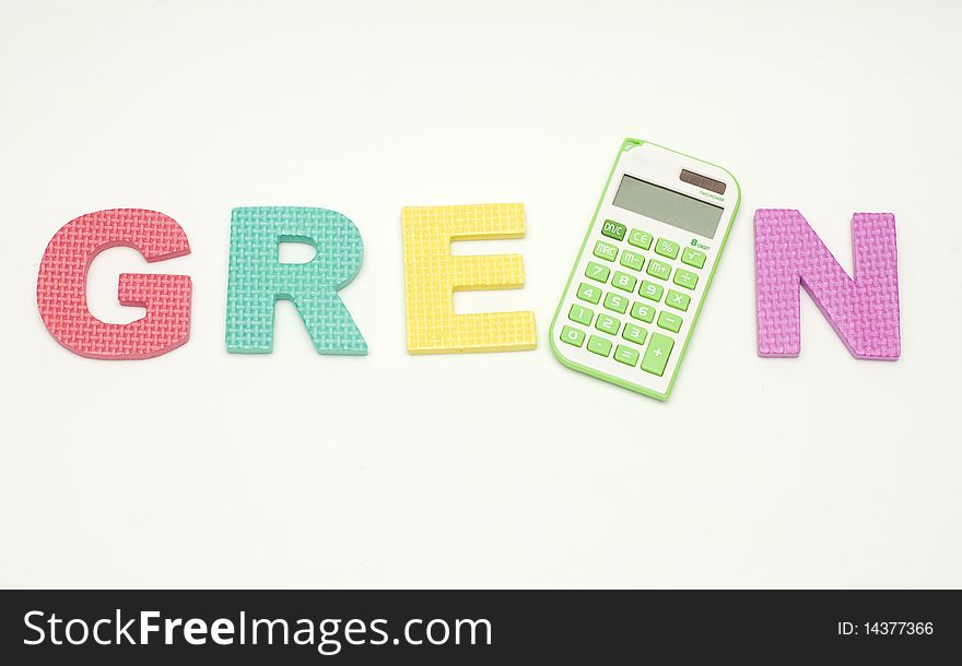 Green calculator in alphabet with white background