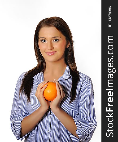 Young beautiful woman with citrus orange fruit having fun. isolated on white background. copyspace