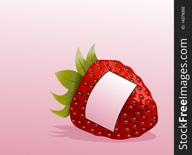 Ripe strawberries with a sign lies on a pink background