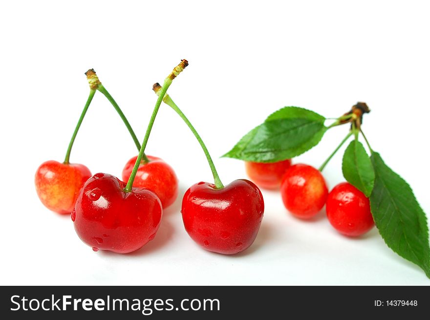 Fresh red cherry fruits with green leaves isolated on a white background. Fresh red cherry fruits with green leaves isolated on a white background