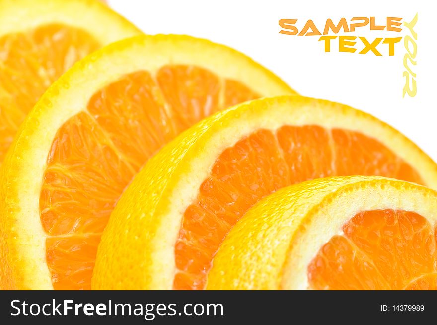 Close-up ripe slice orange on white background