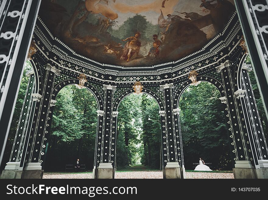 Perfect couple bride, groom posing and kissing in their wedding day