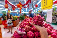 Woman Hand With Exotic Dragon Fruit On A Local Organic Food Market. Royalty Free Stock Photos